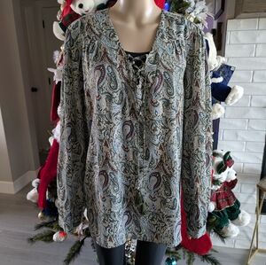 Faded Glory Multicolor Green Paisley Shimmer Tassel Blouse Size XXL, 20